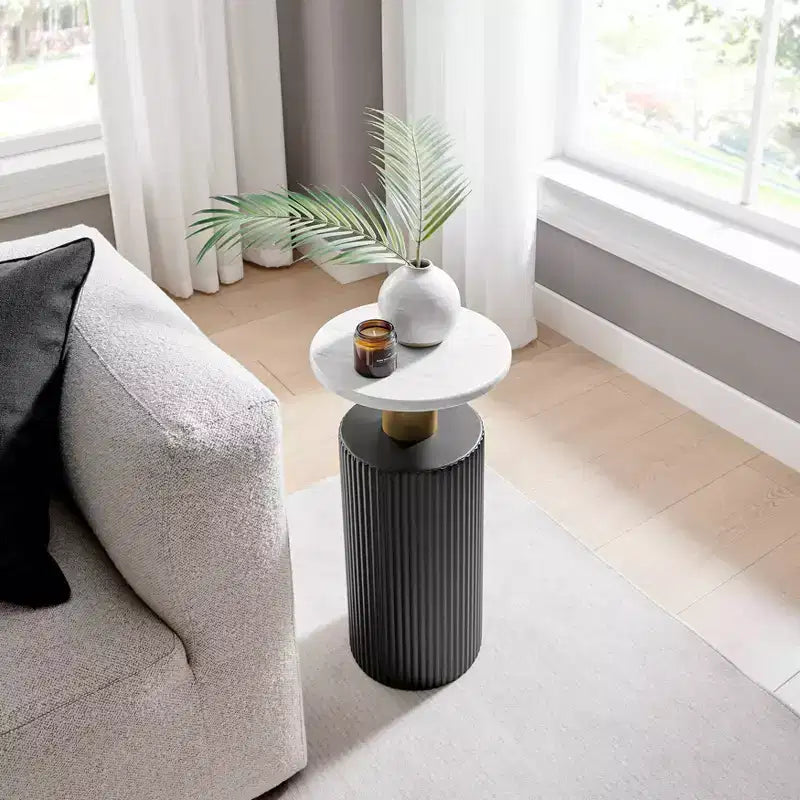 Danya B. Fritz Table d'appoint colonne moderne du milieu du siècle, plateau en stratifié effet marbre blanc/noir