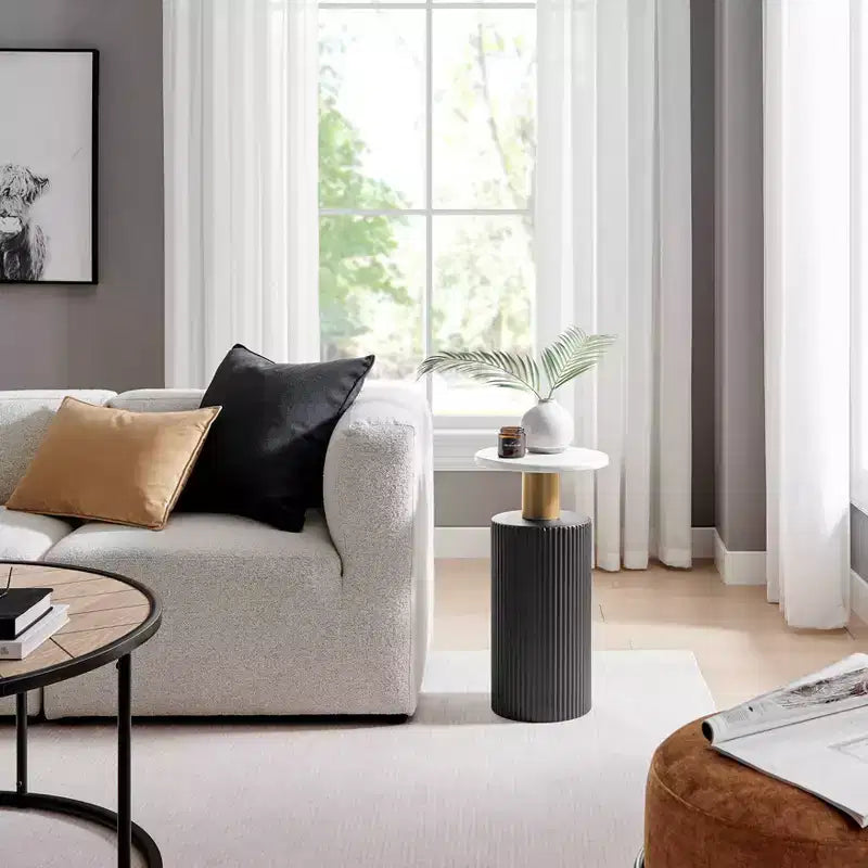 Danya B. Fritz Table d'appoint colonne moderne du milieu du siècle, plateau en stratifié effet marbre blanc/noir