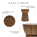 East at Main Table tambour en bois de 40,6 cm avec nœud en noyer : Fait à la main, manguier, aucun assemblage requis