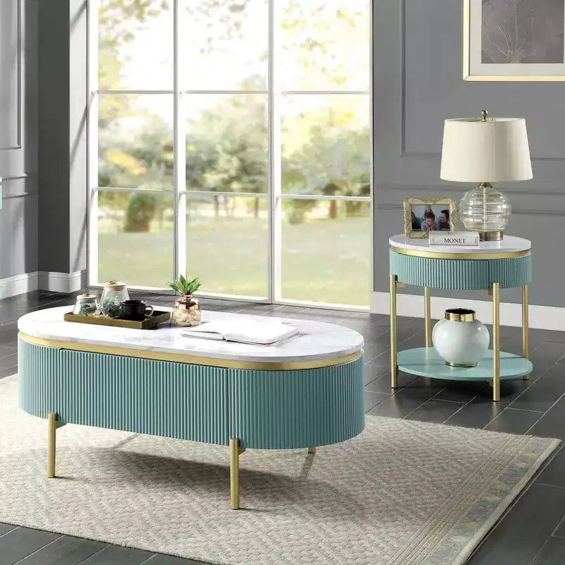 Ensemble de 2 tables basses et d'appoint Cartehena en faux marbre bleu sarcelle clair - HOMES: Inside + Out : Torsion dorée, tiroir dissimulé, forme ovale