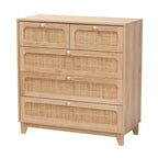 Commode de rangement Elsbeth en bois et rotin naturel à 5 tiroirs Chêne brun/brun naturel - Baxton Studio
