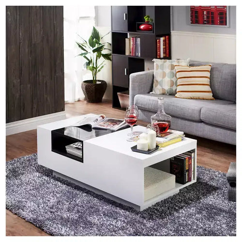 Table basse bicolore moderne 24/7 Shop At Home Camie Blanc : Rangement, Verre trempé, Rectangulaire, Salon, Capacité de 34 kg