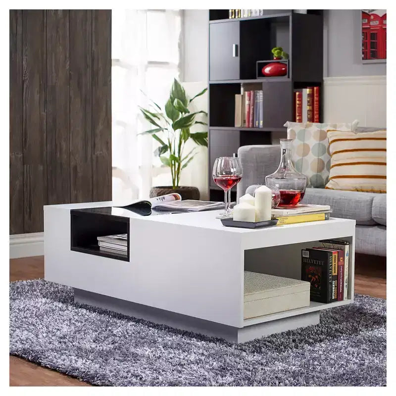 Table basse bicolore moderne 24/7 Shop At Home Camie Blanc : Rangement, Verre trempé, Rectangulaire, Salon, Capacité de 34 kg