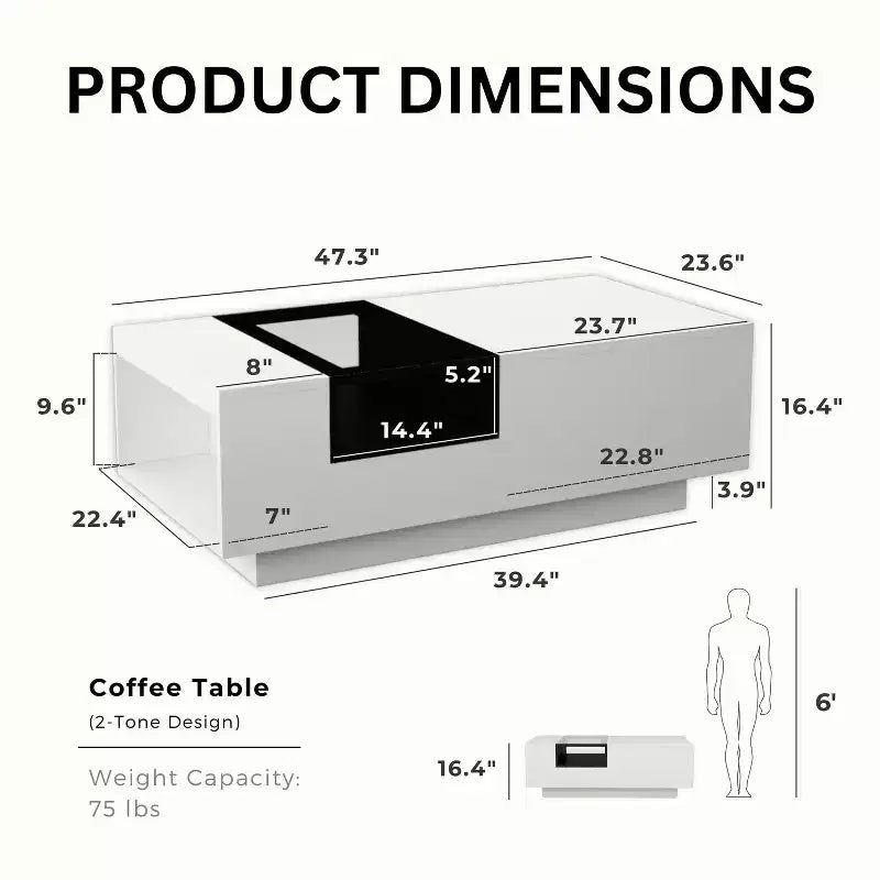 Table basse bicolore moderne 24/7 Shop At Home Camie Blanc : Rangement, Verre trempé, Rectangulaire, Salon, Capacité de 34 kg