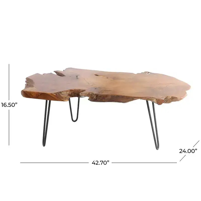 Table basse Olivia & May en bois de teck fait main avec bord naturel et pieds épingles en métal noir, marron