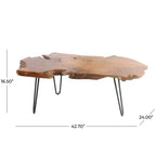 Table basse Olivia & May en bois de teck fait main avec bord naturel et pieds épingles en métal noir, marron