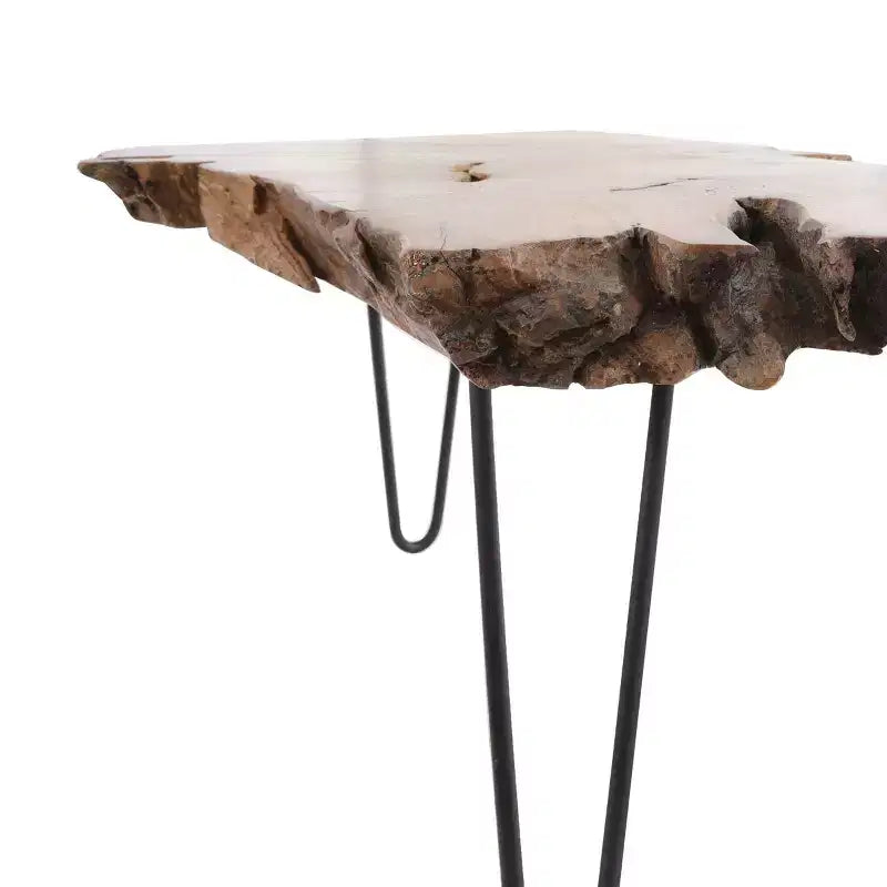 Table basse Olivia & May en bois de teck fait main avec bord naturel et pieds épingles en métal noir, marron
