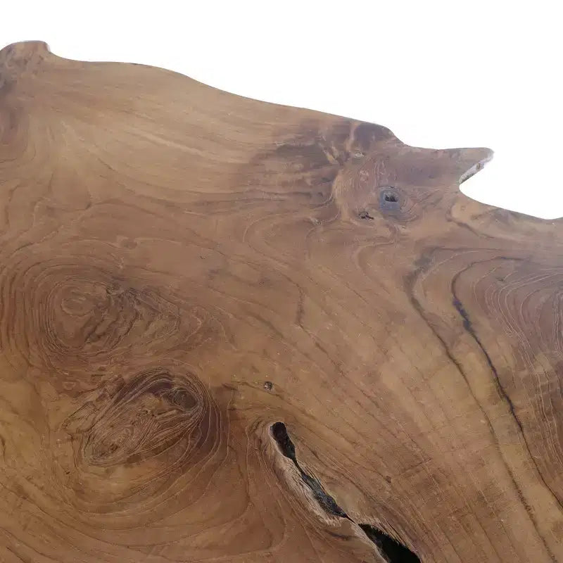 Table basse Olivia & May en bois de teck fait main avec bord naturel et pieds épingles en métal noir, marron