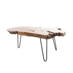Table basse Olivia & May en bois de teck fait main avec bord naturel et pieds épingles en métal noir, marron
