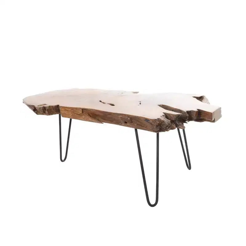 Table basse Olivia & May en bois de teck fait main avec bord naturel et pieds épingles en métal noir, marron