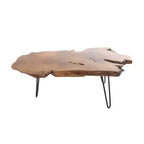 Table basse Olivia & May en bois de teck fait main avec bord naturel et pieds épingles en métal noir, marron