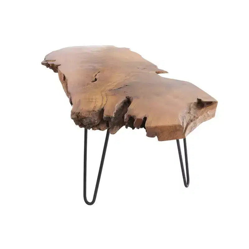 Table basse Olivia & May en bois de teck fait main avec bord naturel et pieds épingles en métal noir, marron
