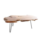 Table basse Olivia & May en bois de teck fait main avec bord naturel et pieds épingles en métal noir, marron