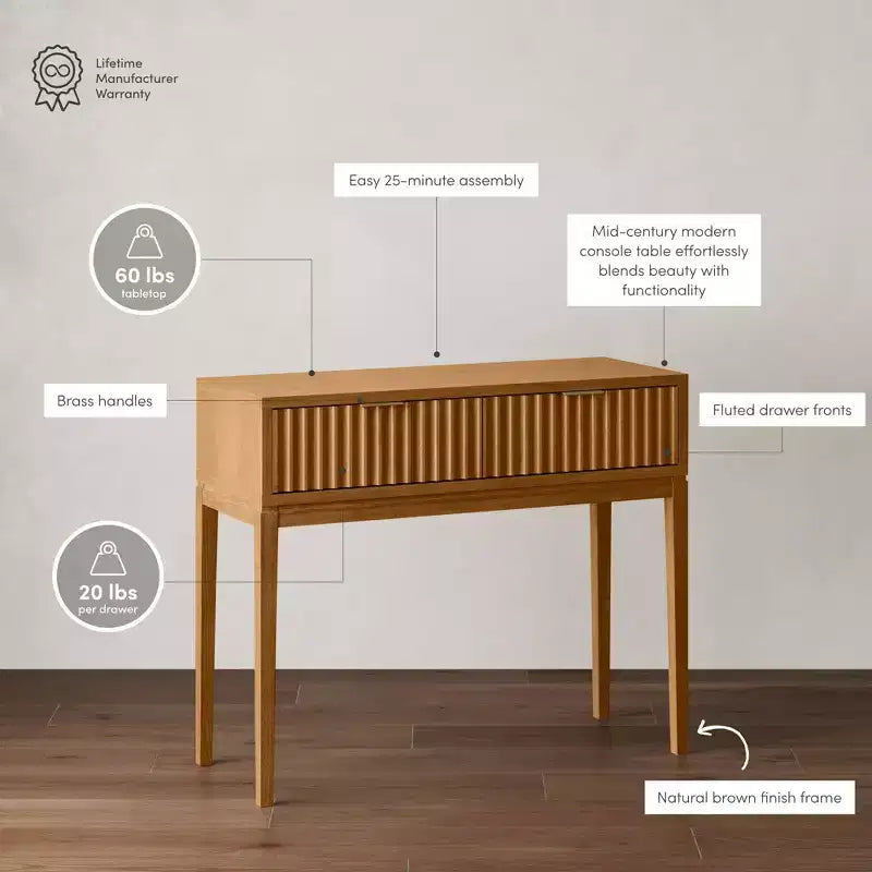 Table console en bois cannelé Nathan James Boho à 2 tiroirs : Pieds fuselés, poignées en laiton, style moderne du milieu du siècle