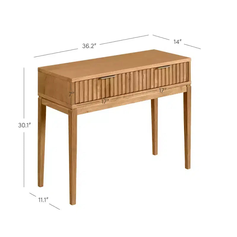Table console en bois cannelé Nathan James Boho à 2 tiroirs : Pieds fuselés, poignées en laiton, style moderne du milieu du siècle