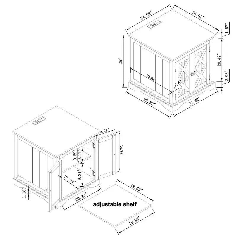 Table d'appoint 2 portes Festivo grise : style ferme, prises USB/CA intégrées, étagère réglable