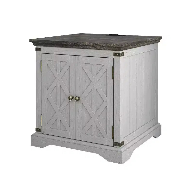 Table d'appoint 2 portes Festivo grise : style ferme, prises USB/CA intégrées, étagère réglable