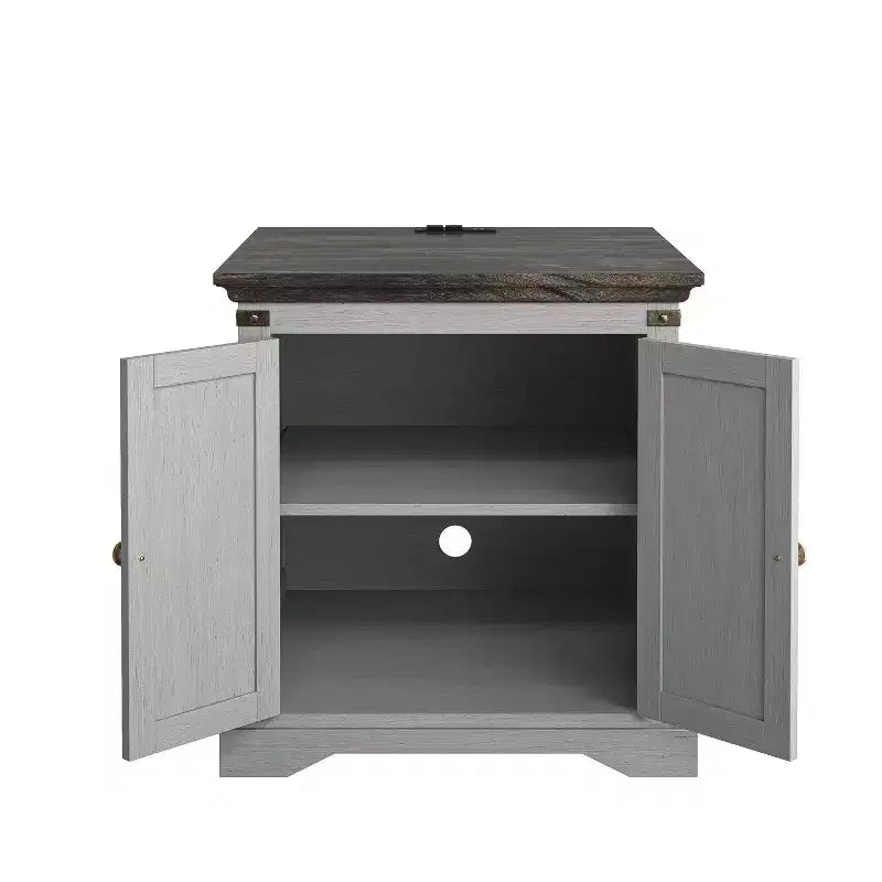 Table d'appoint 2 portes Festivo grise : style ferme, prises USB/CA intégrées, étagère réglable