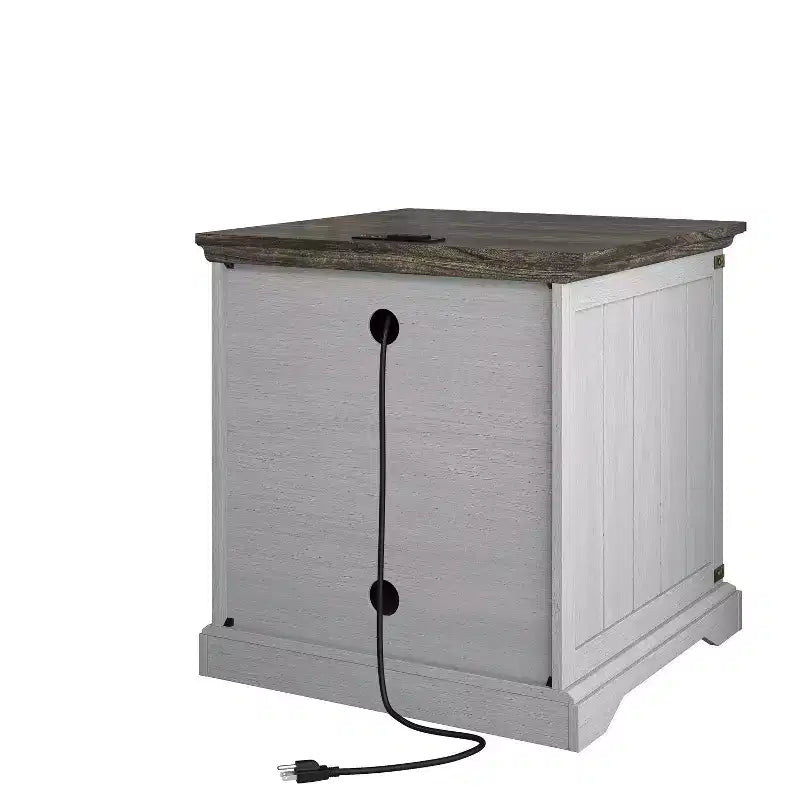 Table d'appoint 2 portes Festivo grise : style ferme, prises USB/CA intégrées, étagère réglable