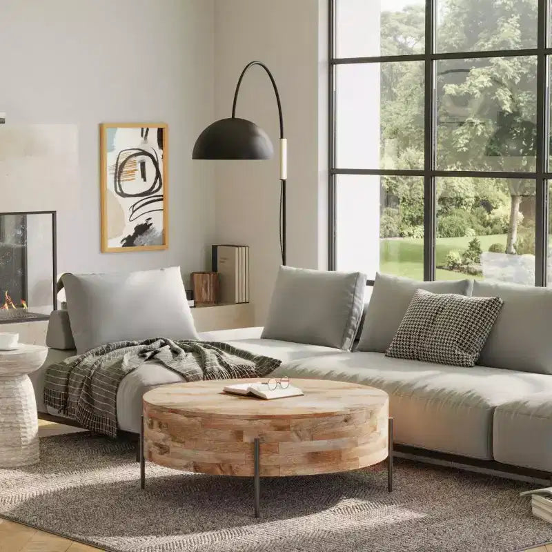 Table basse tambour WyndenHall Farmington Naturelle : style industriel moderne, bois de manguier et fer, 96,5 cm
