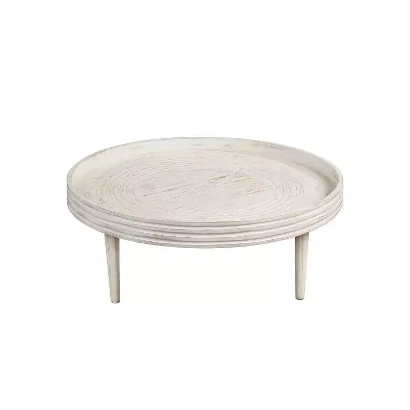 Table basse Urban Port 33" en bois de manguier massif fabriquée à la main, ronde, rainurée, avec bord surélevé, blanc vieilli