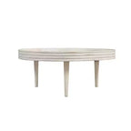 Table basse Urban Port 33" en bois de manguier massif fabriquée à la main, ronde, rainurée, avec bord surélevé, blanc vieilli