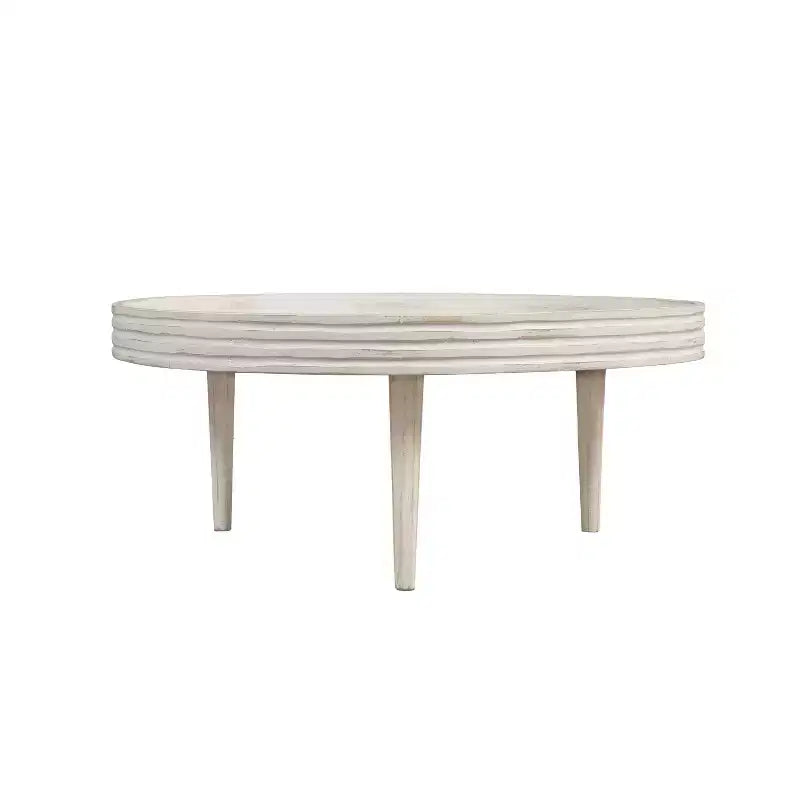 Table basse Urban Port 33" en bois de manguier massif fabriquée à la main, ronde, rainurée, avec bord surélevé, blanc vieilli