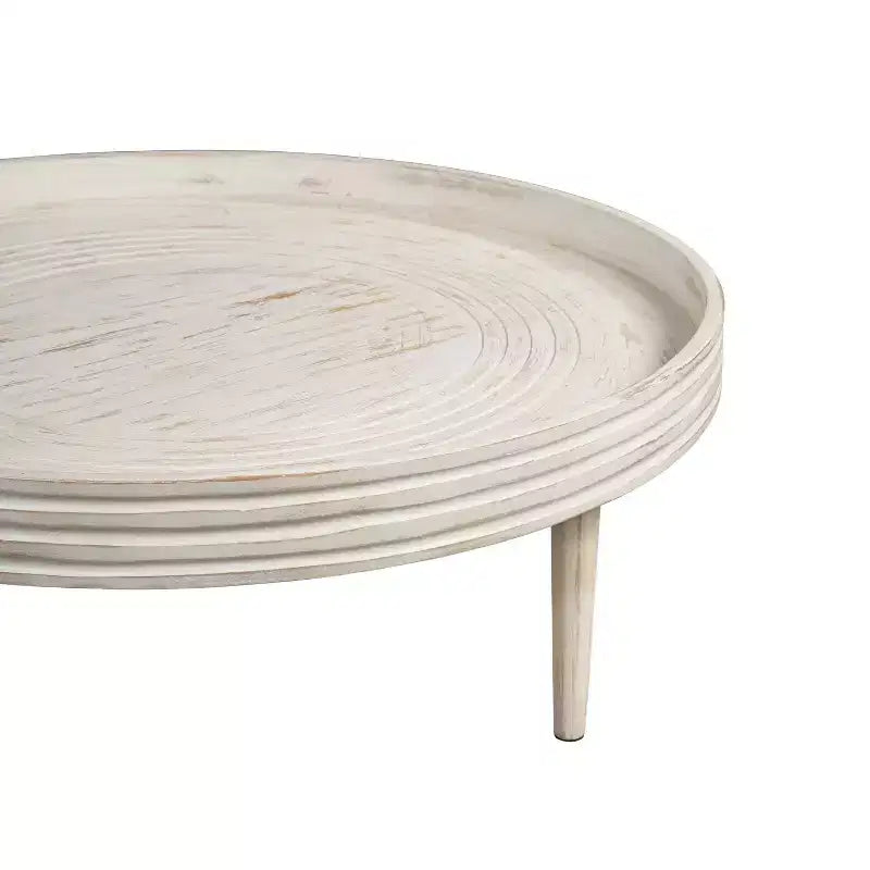 Table basse Urban Port 33" en bois de manguier massif fabriquée à la main, ronde, rainurée, avec bord surélevé, blanc vieilli