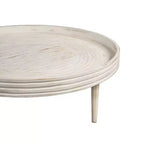 Table basse Urban Port 33" en bois de manguier massif fabriquée à la main, ronde, rainurée, avec bord surélevé, blanc vieilli