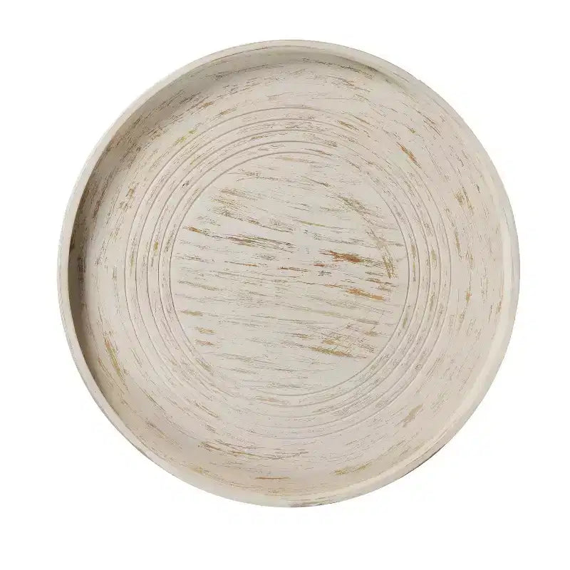 Table basse Urban Port 33" en bois de manguier massif fabriquée à la main, ronde, rainurée, avec bord surélevé, blanc vieilli