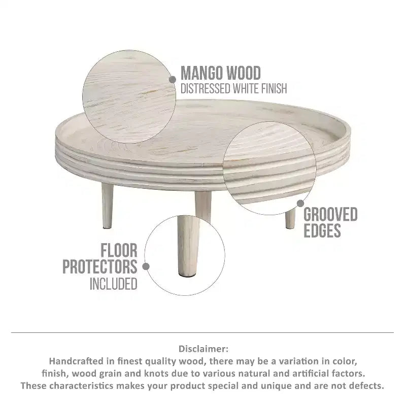 Table basse Urban Port 33" en bois de manguier massif fabriquée à la main, ronde, rainurée, avec bord surélevé, blanc vieilli