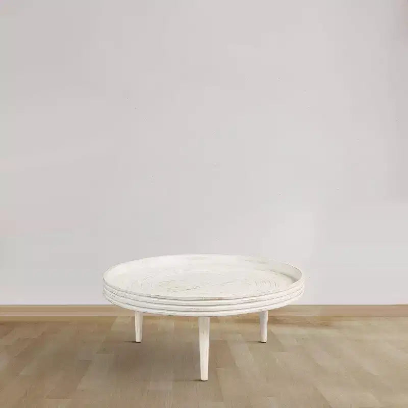 Table basse Urban Port 33" en bois de manguier massif fabriquée à la main, ronde, rainurée, avec bord surélevé, blanc vieilli