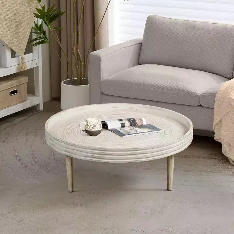 Table basse Urban Port 33" en bois de manguier massif fabriquée à la main, ronde, rainurée, avec bord surélevé, blanc vieilli
