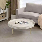 Table basse Urban Port 33" en bois de manguier massif fabriquée à la main, ronde, rainurée, avec bord surélevé, blanc vieilli