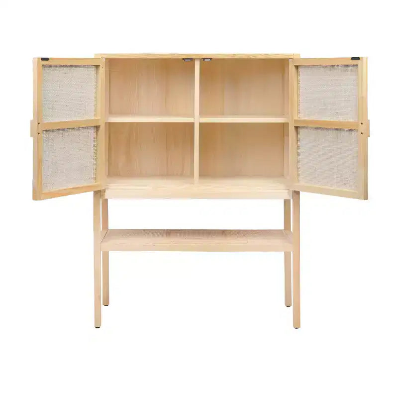 Storied Home Woven Meuble de rangement décoratif 119 cm de hauteur Naturel : Rotin et Pin, 2 portes avec étagère