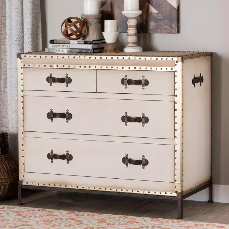 Baxton Studio Benton Armoire de rangement 4 tiroirs en toile beige/café/noir