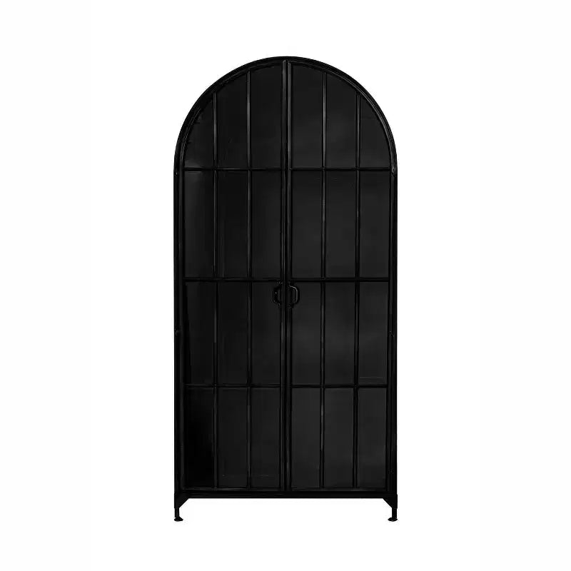 Storied Home Arched 76" Tall Decorative Storage Cabinet Black: Iron Frame, Glass Surface, Fixed Shelves