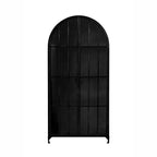 Armoire de rangement décorative noire Storied Home à arche de 76 po : cadre en fer, surface en verre, étagères fixes