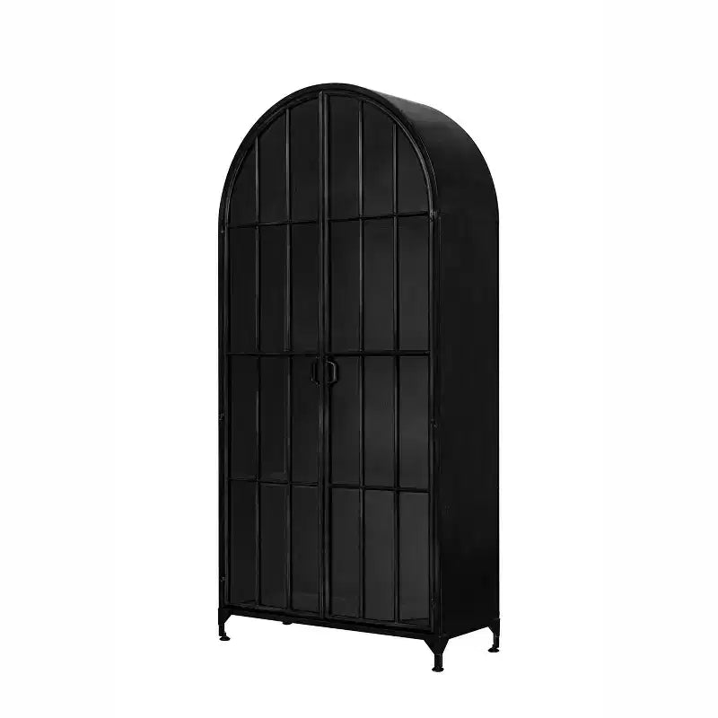 Armoire de rangement décorative noire Storied Home à arche de 76 po : cadre en fer, surface en verre, étagères fixes