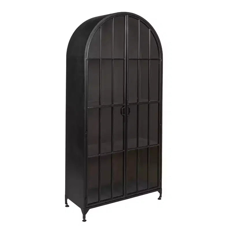 Armoire de rangement décorative noire Storied Home à arche de 76 po : cadre en fer, surface en verre, étagères fixes