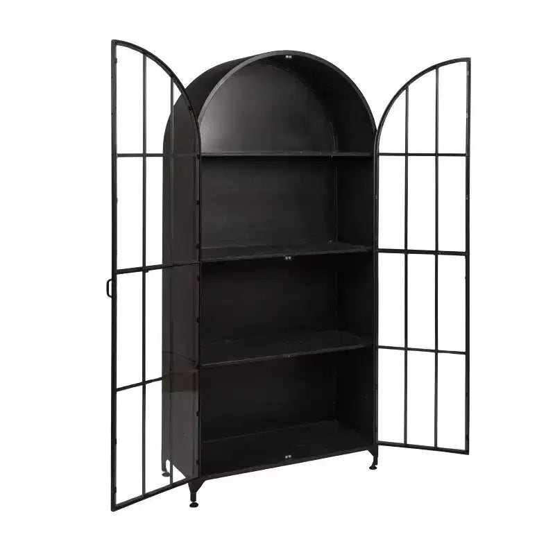Armoire de rangement décorative noire Storied Home à arche de 76 po : cadre en fer, surface en verre, étagères fixes