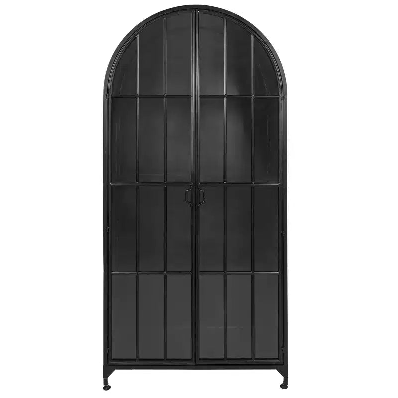 Armoire de rangement décorative noire Storied Home à arche de 76 po : cadre en fer, surface en verre, étagères fixes