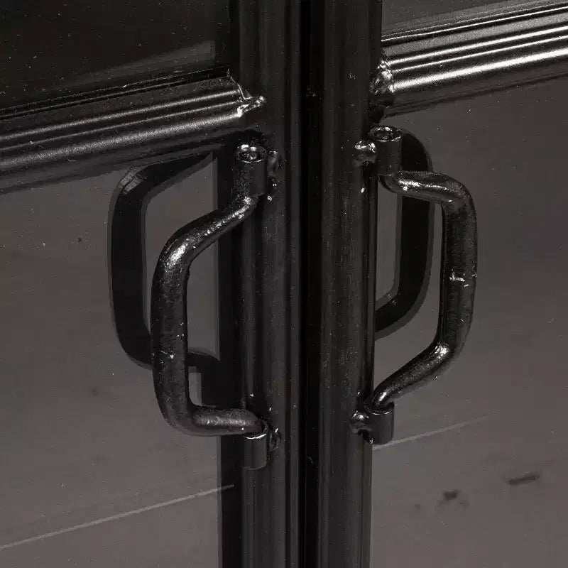 Armoire de rangement décorative noire Storied Home à arche de 76 po : cadre en fer, surface en verre, étagères fixes
