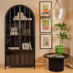Armoire de rangement décorative noire Storied Home à arche de 76 po : cadre en fer, surface en verre, étagères fixes