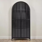 Armoire de rangement décorative noire Storied Home à arche de 76 po : cadre en fer, surface en verre, étagères fixes