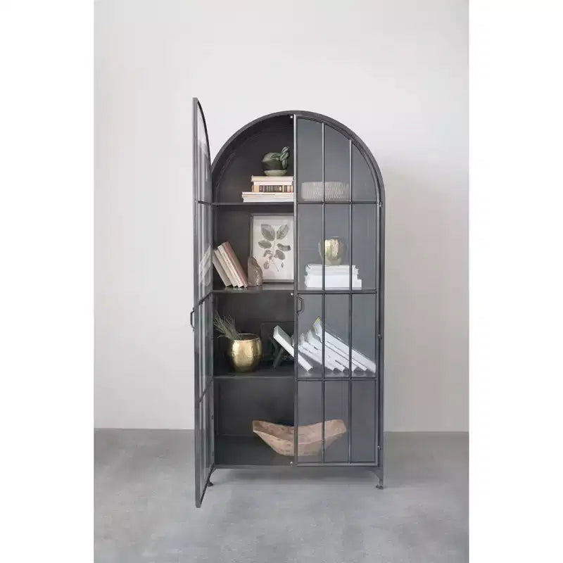 Armoire de rangement décorative noire Storied Home à arche de 76 po : cadre en fer, surface en verre, étagères fixes