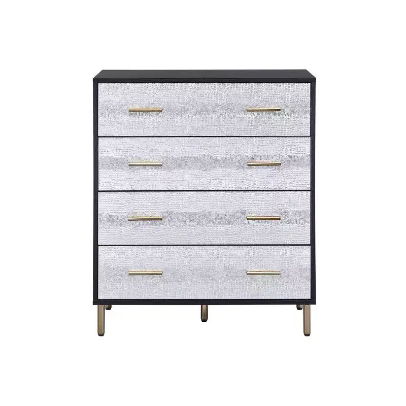 Commode de rangement décorative Myles de 32 po noire, argentée et dorée – Acme Furniture : Élégante commode à 5 tiroirs, bois composite, aucun assemblage requis