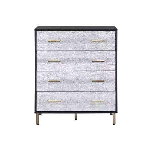 Commode de rangement décorative Myles de 32 po noire, argentée et dorée – Acme Furniture : Élégante commode à 5 tiroirs, bois composite, aucun assemblage requis
