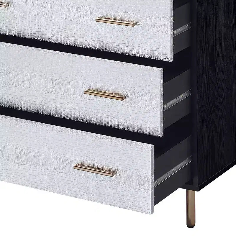 Commode de rangement décorative Myles de 32 po noire, argentée et dorée – Acme Furniture : Élégante commode à 5 tiroirs, bois composite, aucun assemblage requis