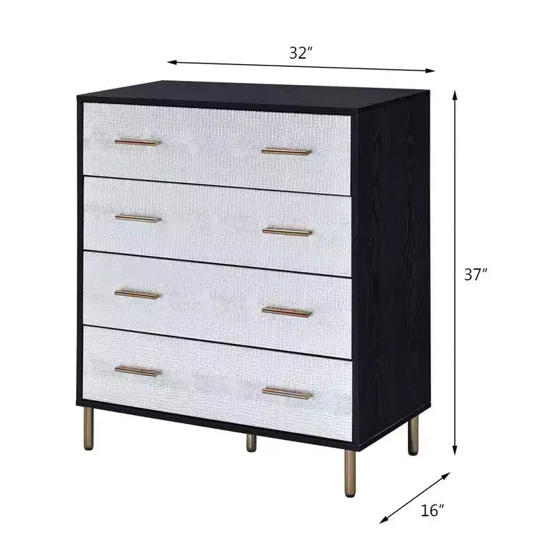 Commode de rangement décorative Myles de 32 po noire, argentée et dorée – Acme Furniture : Élégante commode à 5 tiroirs, bois composite, aucun assemblage requis